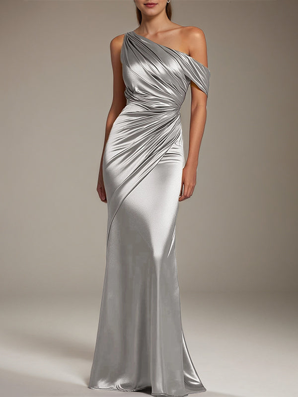 Formal Party Satin Dress Silver One-Shoulder Pleated Floor-Length Dress