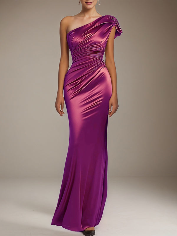 Formal Party Satin Dress Purple One-Shoulder Pleated Floor-Length Dress - View 2 | FashionDia