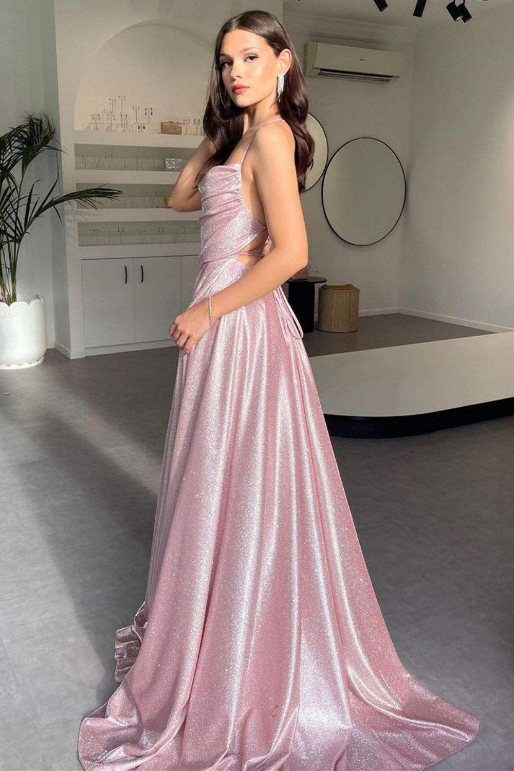 Simple A-Line Spaghetti Straps Pink Long Prom Dress with Split Front - View 3 | FashionDia