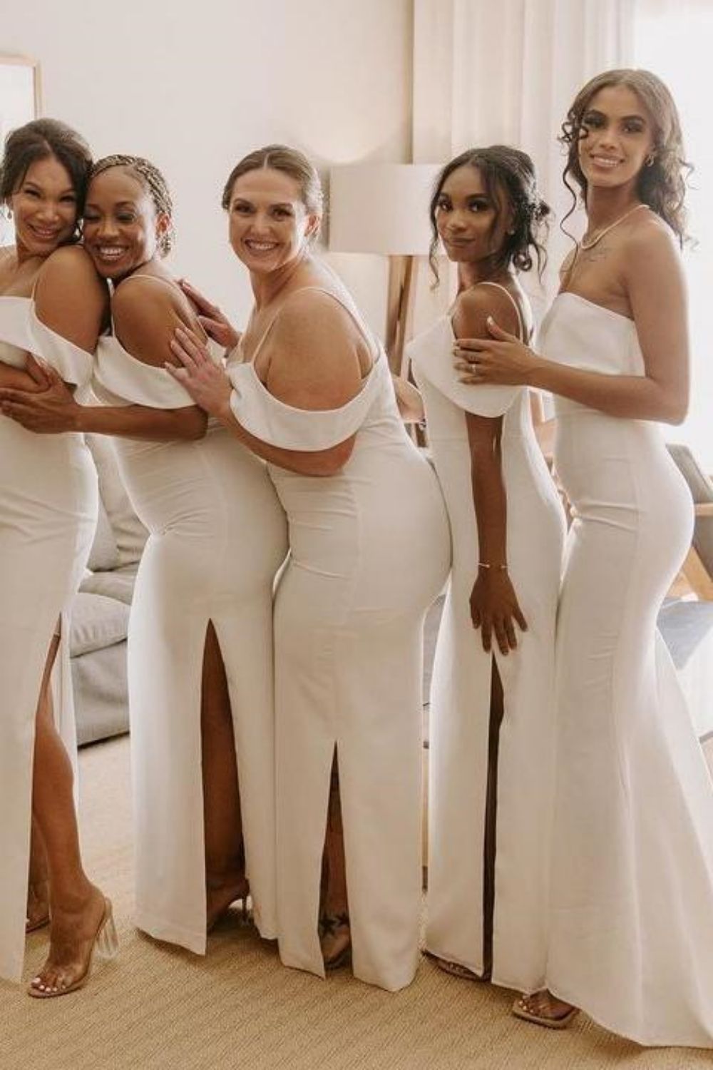 Classic Sheath Spaghetti Straps White Long Bridesmaid Dress with Split Front