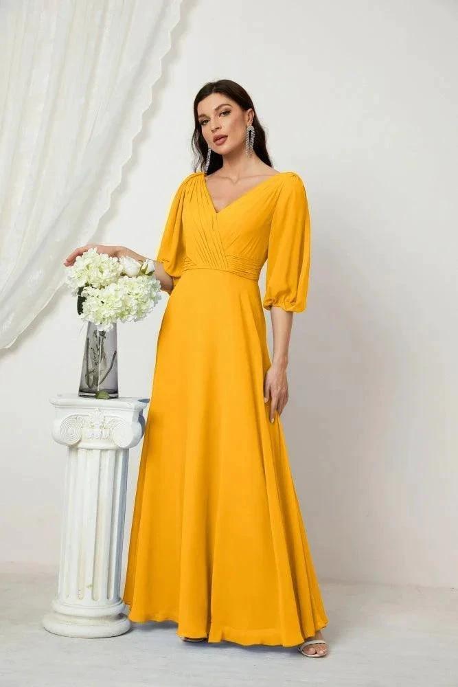 Numbersea Formal Prom Gown Women V-Neck Chiffon Bridesmaid Dresses Long Bishop Sleeve Party Dress 2807 by numbersea