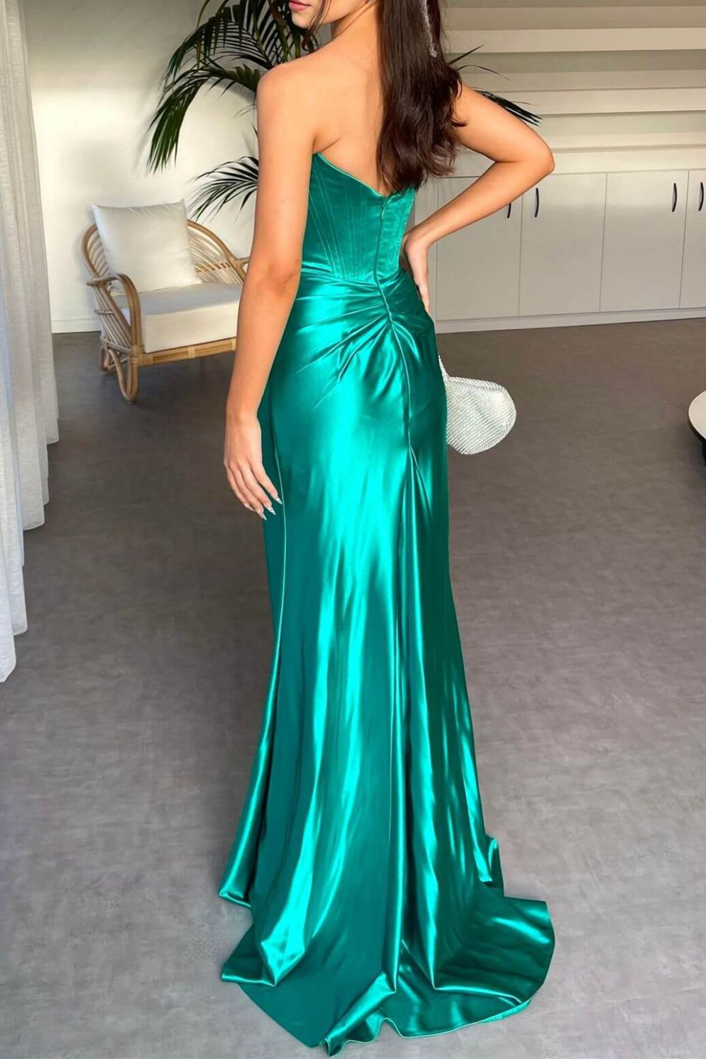 Chic Sheath Strapless Royal Blue Corset Prom Dress with Split Front