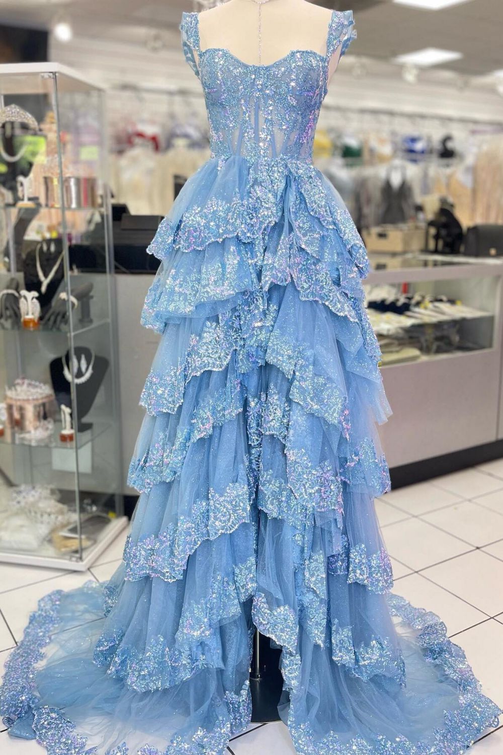 Princess A Line Sweetheart Blue Corset Prom Dress with Lace Ruffles - FashionDia