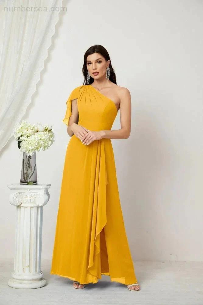 ZapDress Chiffon Ruffled One Shoulder Long Bridesmaid Dresses A-line Formal Evening Gown Side Split 2809 (ZD17049)