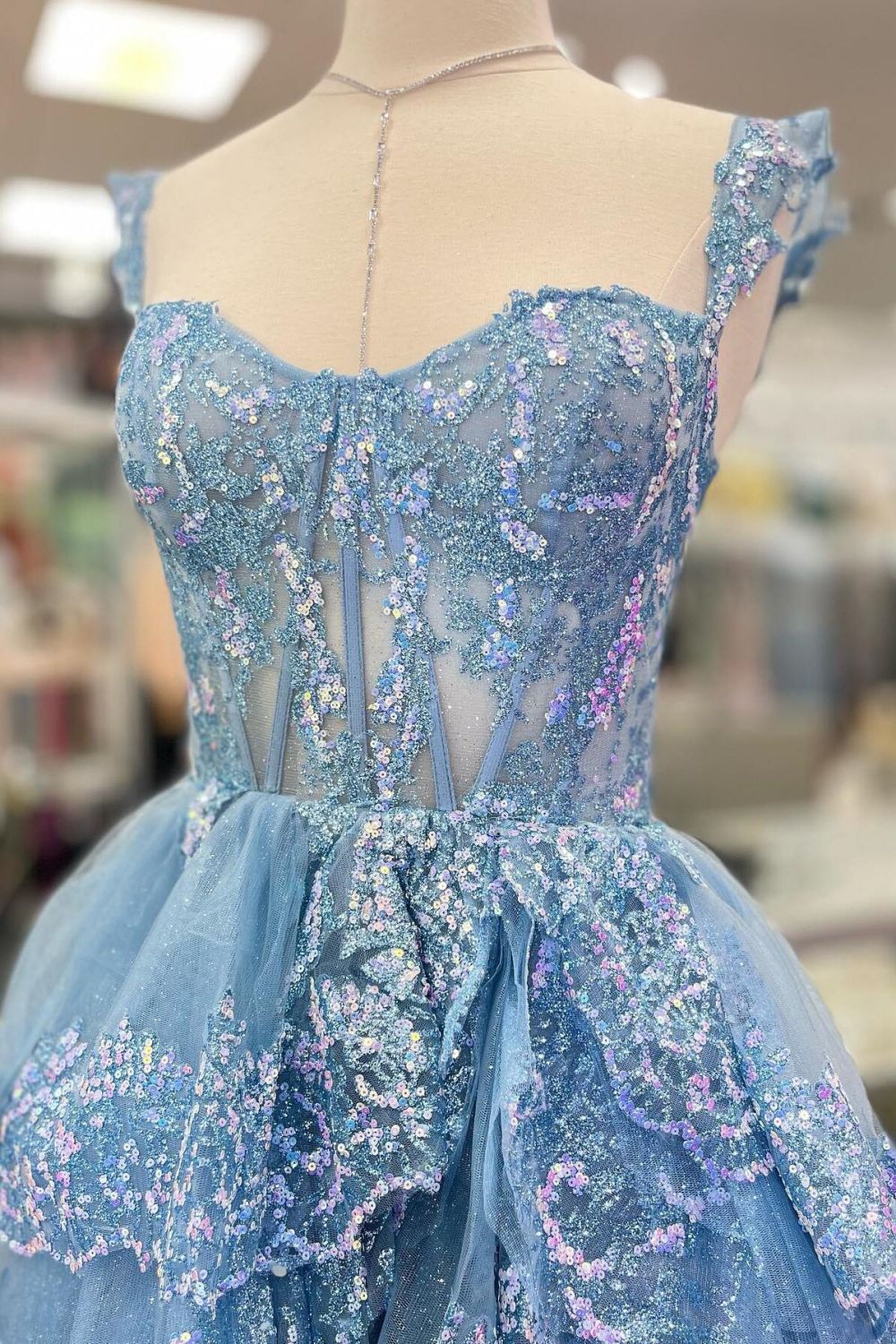 Princess A Line Sweetheart Blue Corset Prom Dress with Lace Ruffles
