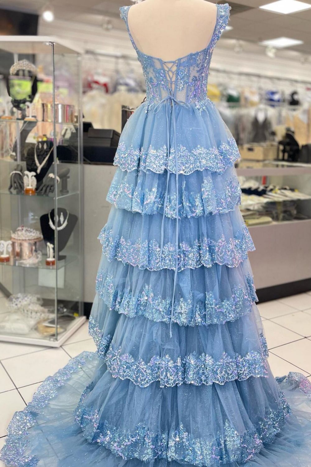 Princess A Line Sweetheart Blue Corset Prom Dress with Lace Ruffles - View 2 | FashionDia