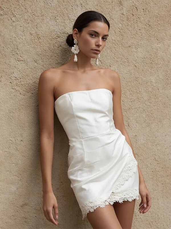 Party Dress Off-the-Shoulder Irregular Hem Lace Trim Short Skirt - FashionDia