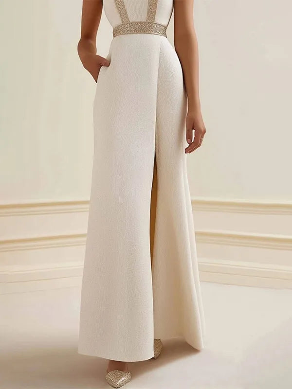 Semi-Formal Party Dress Beige Sleeveless Pocketed Side Slit Maxi Dress - View 3 | FashionDia