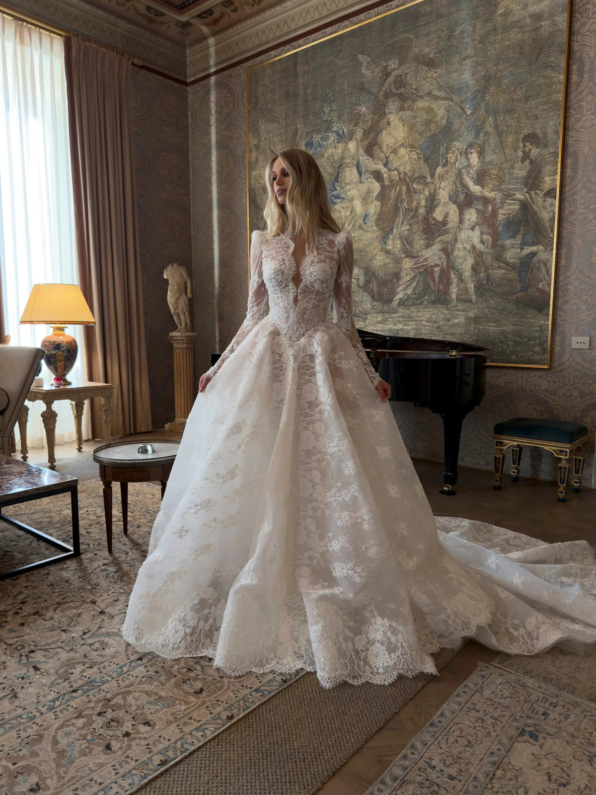 Luxury White High Neck Sequin Long Sleeve Lace A-Line Wedding Dress ZP094 - View 3 | VelvetHem