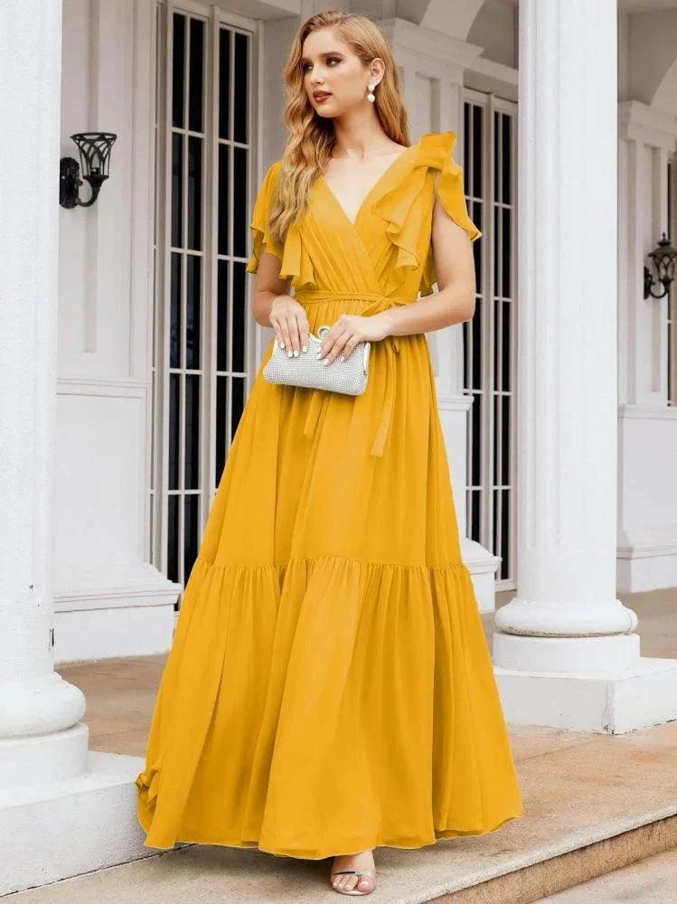 Numbersea Women's Open Back Formal Evening Party Prom Gowns V-Neck Long Chiffon Bridesmaid Dresses with Waist Belt 28038 by numbersea