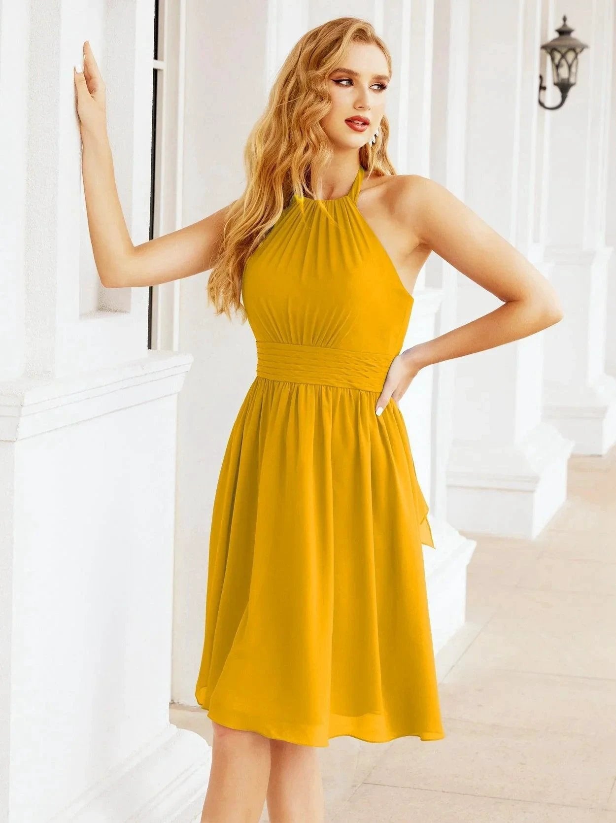 ZapDress Halter Chiffon Bridesmaid Dresses Short Sleeveless Formal Party Dress Open Back 28023 (ZD16957)