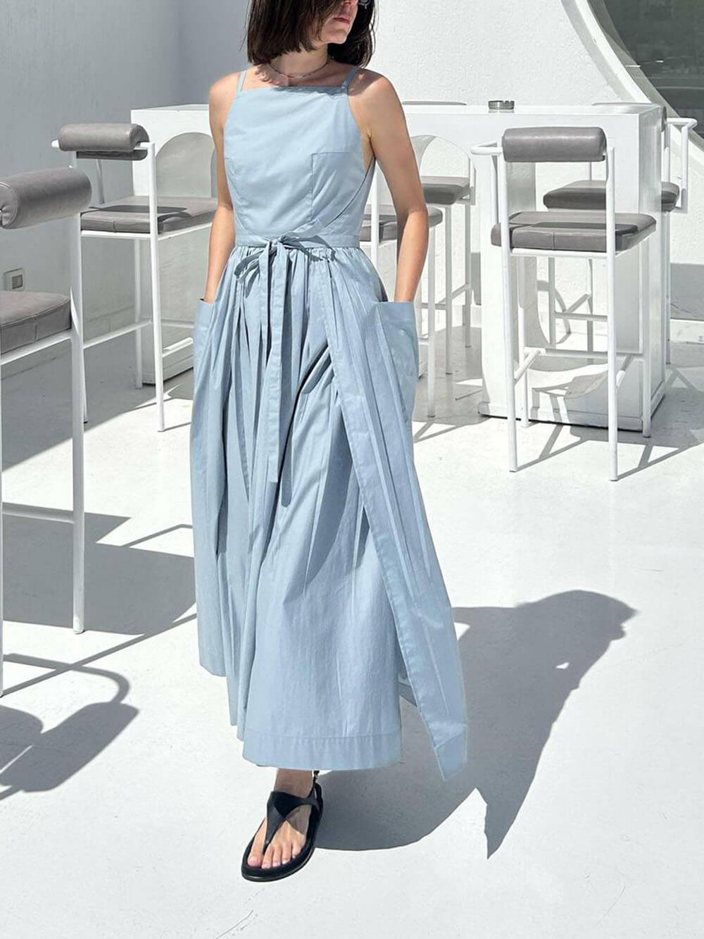 Unique Side Slit Lace Up Pocket Vest Dress