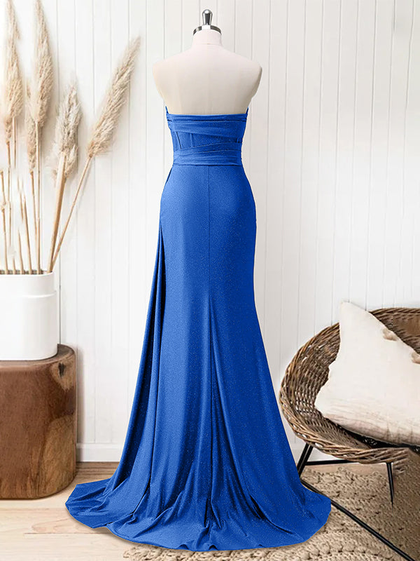 Glitter Royal Blue Strapless Mermaid Long Prom Dress with Slit