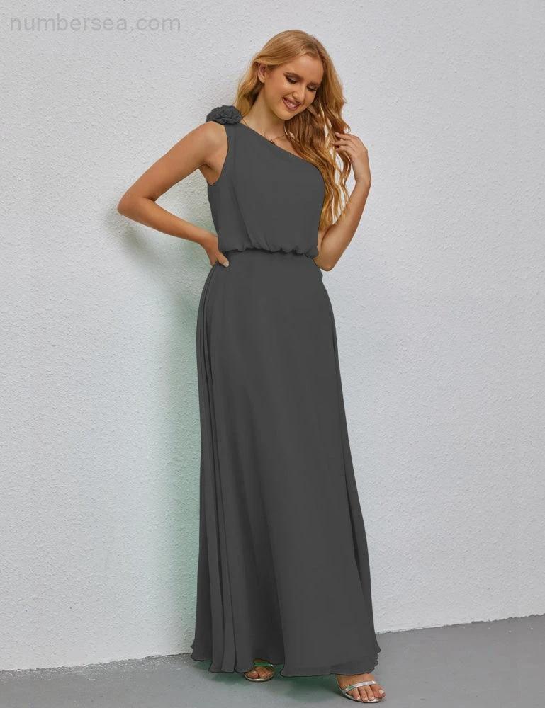 Ruffled One Shoulder Sleeveless Long Bridesmaid Dresses A-line Formal Evening Gown Side Split 28080 (ZD17018)