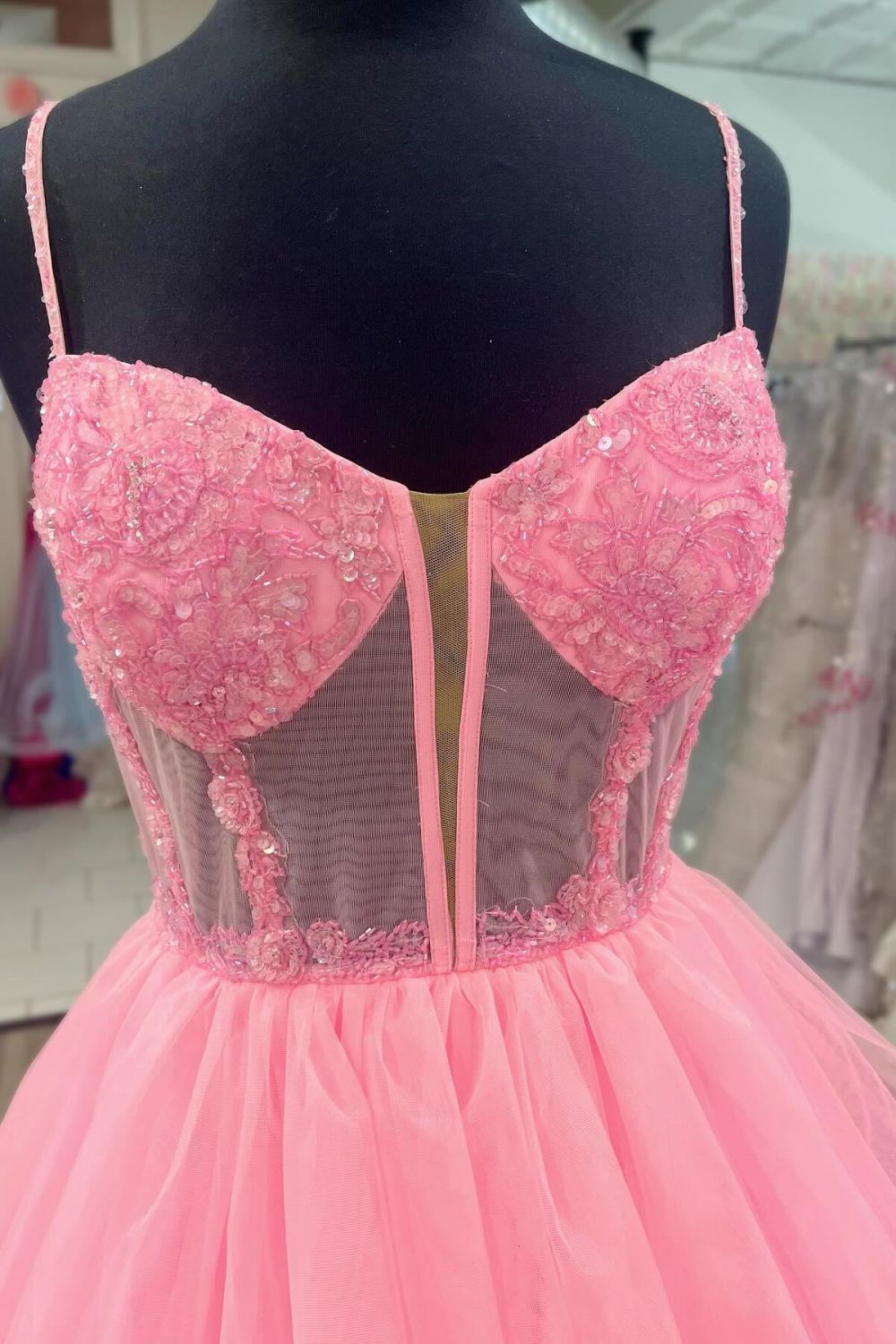 Charming A-Line Spaghetti Straps Pink Corset Prom Dress with Appliques - View 2 | FashionDia