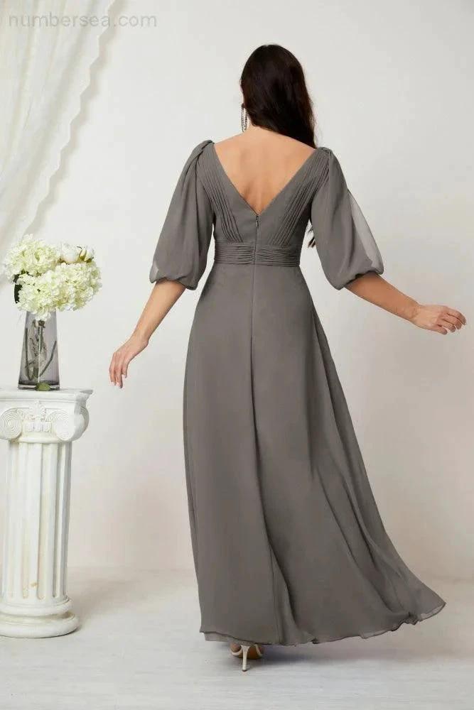 ZapDress Formal Prom Gown Women V-Neck Chiffon Bridesmaid Dresses Long Bishop Sleeve Party Dress 2807 (ZD17027)