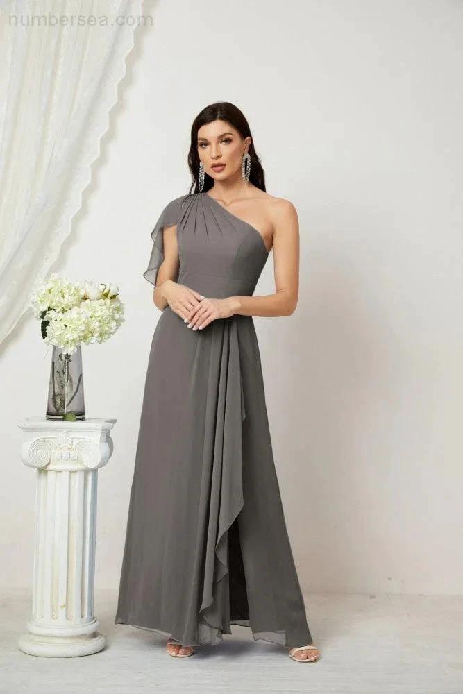 ZapDress Chiffon Ruffled One Shoulder Long Bridesmaid Dresses A-line Formal Evening Gown Side Split 2809 (ZD17049)