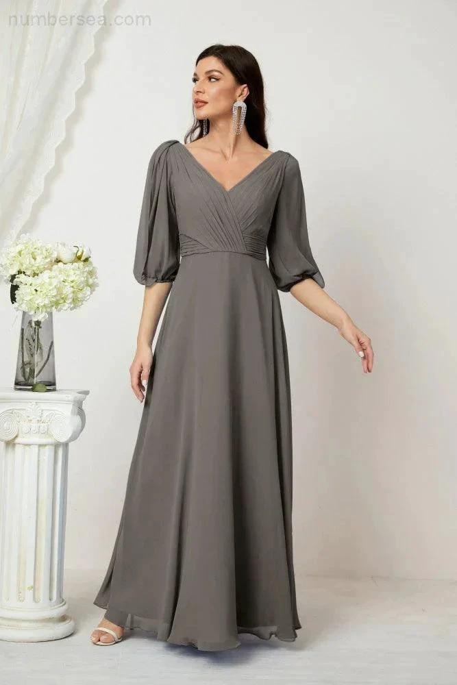 ZapDress Formal Prom Gown Women V-Neck Chiffon Bridesmaid Dresses Long Bishop Sleeve Party Dress 2807 (ZD17027)