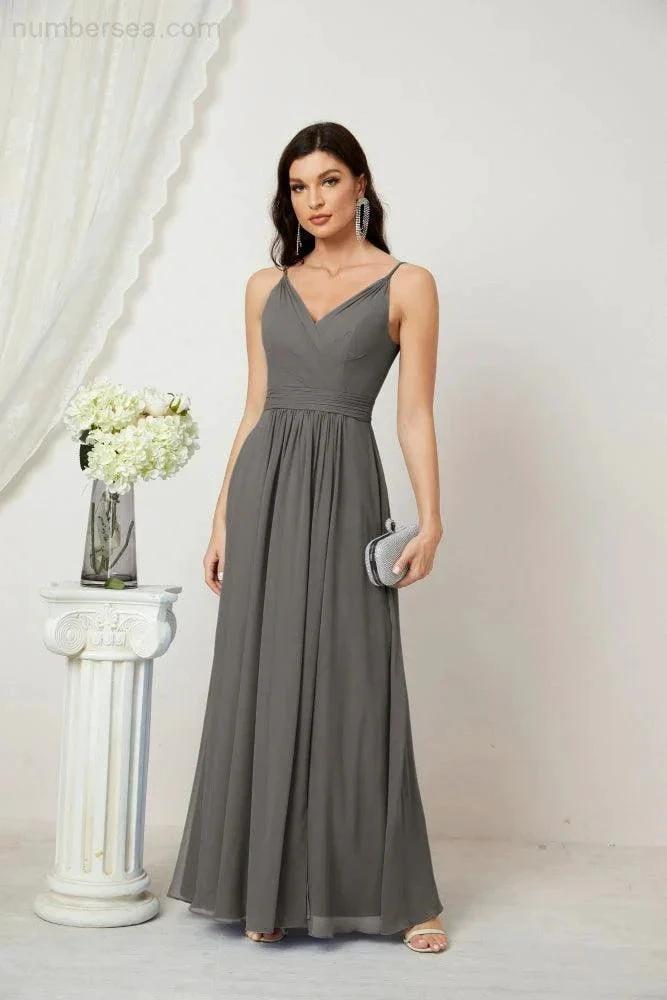 ZapDress Chiffon V-Neck Bridesmaid Dress Spaghetti Strap Long Formal Party Prom Gowns with Slit 28010 (ZD17028)