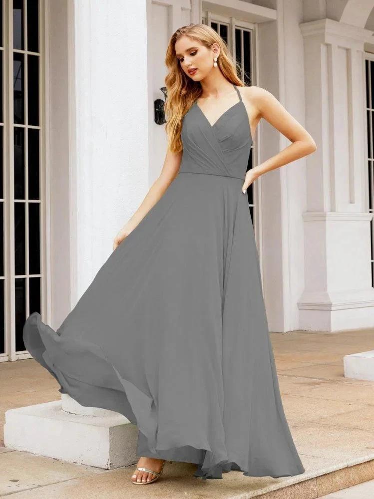 Numbersea Halter Chiffon Bridesmaid Dresses Wedding Appare Sleeveless Formal Prom Dress with Ruffled Back 28035 by numbersea