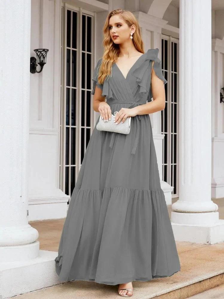 Numbersea Women's Open Back Formal Evening Party Prom Gowns V-Neck Long Chiffon Bridesmaid Dresses with Waist Belt 28038 by numbersea