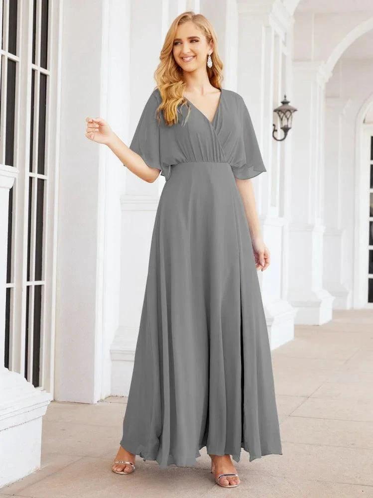 Numbersea V-Neck Bridesmaid Dress Chiffon Long Open Back Formal Dresses for Women Party Evening 28067 by numbersea