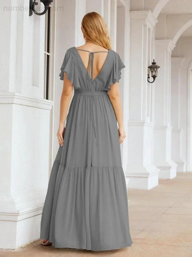 ZapDress Women's Open Back Formal Evening Party Prom Gowns V-Neck Long Chiffon Bridesmaid Dresses with Waist Belt 28038 (ZD17000)