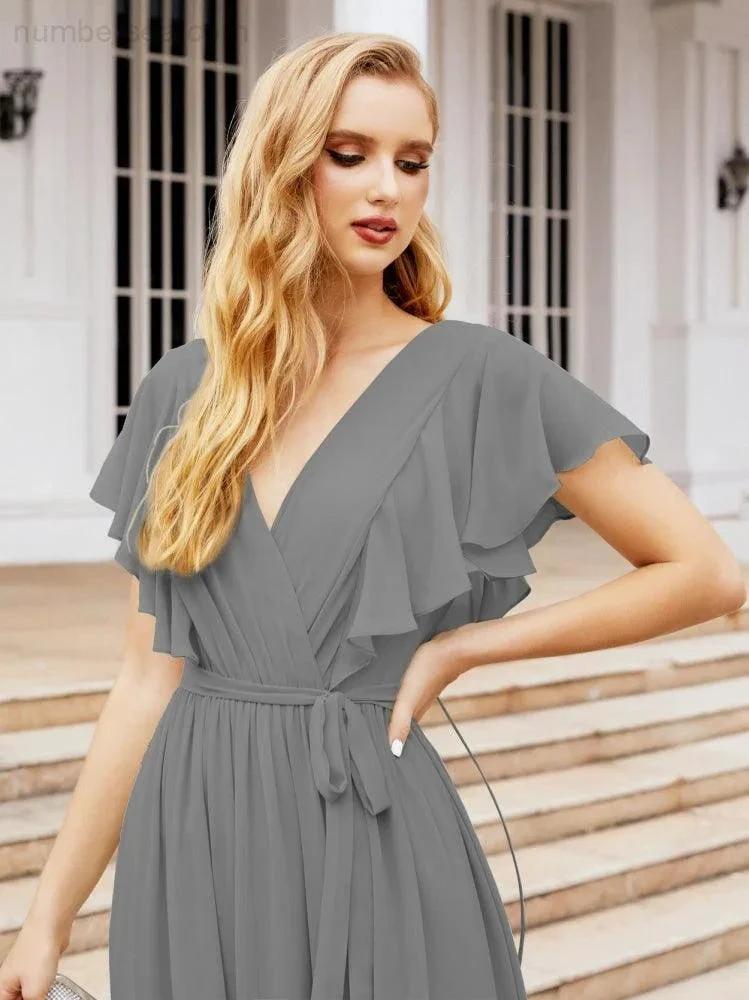 ZapDress Women's Open Back Formal Evening Party Prom Gowns V-Neck Long Chiffon Bridesmaid Dresses with Waist Belt 28038 (ZD17000)