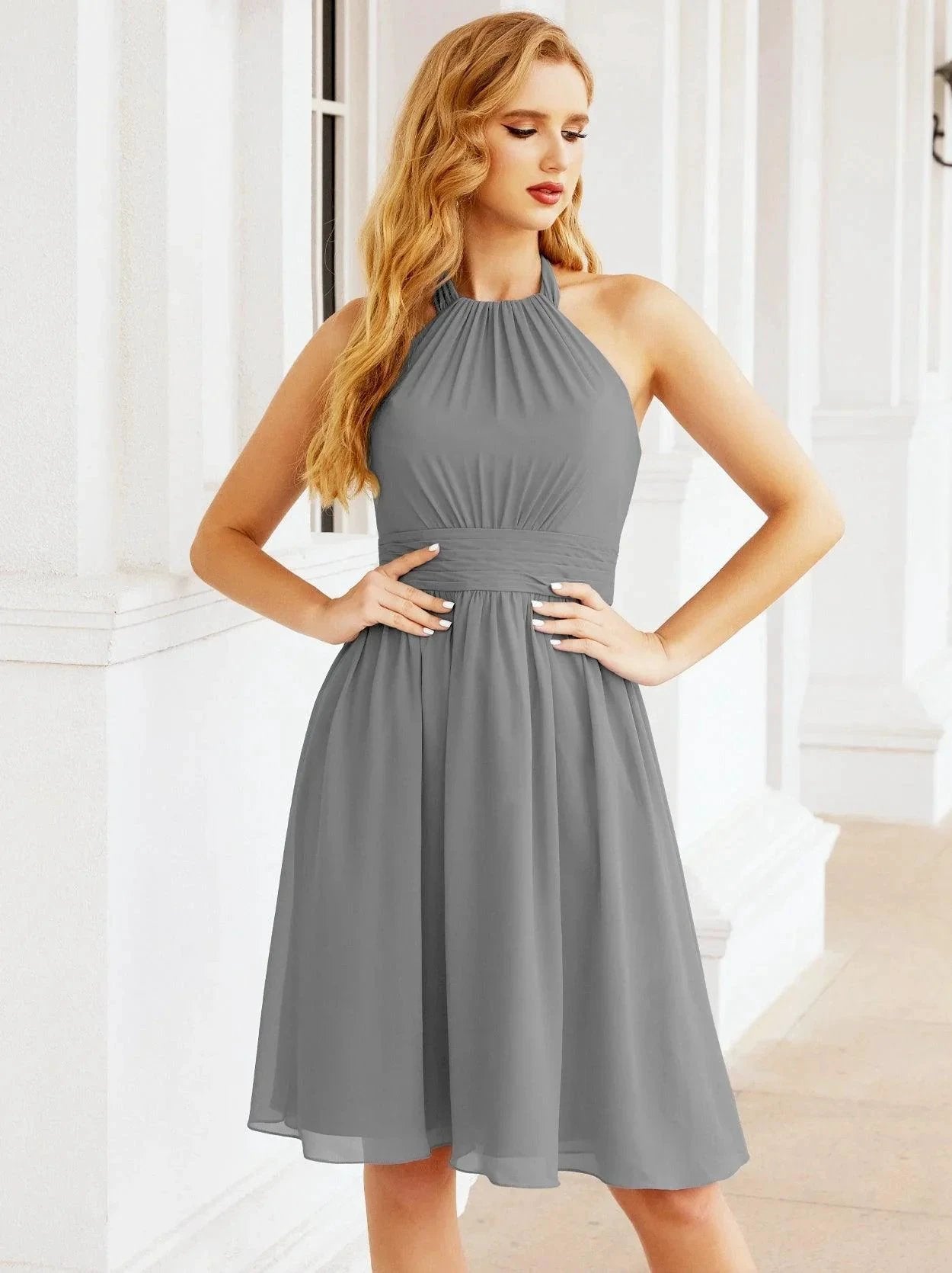 ZapDress Halter Chiffon Bridesmaid Dresses Short Sleeveless Formal Party Dress Open Back 28023 (ZD16957)