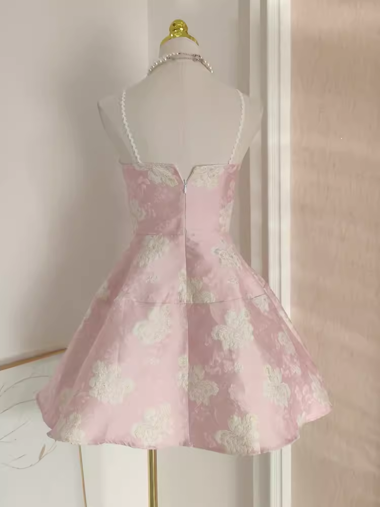 Cute A-Line Spaghetti Straps Pink Satin Holiday Dresses Short Birthday Dress - View 4 | FashionDia