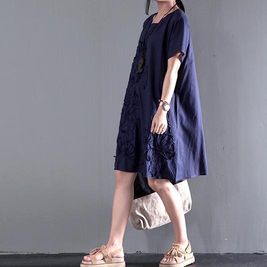 Appliques navy sundress linen summer dresses plus size blouse