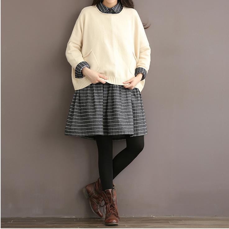 Grey vintage striped linen dress cotton shirt dress high quality fit flare spring dresses