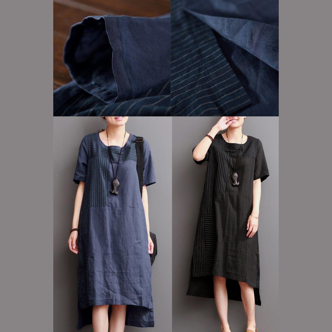 Navy linen dresses for summer patchwork asymmetrical desgin sundress