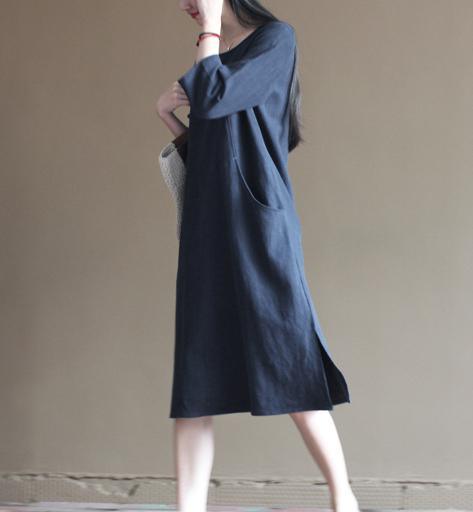 half sleeve navy linen dress summer spring maxi dresses casual style