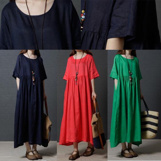 Navy Casual Linen Dresses Plus Size High Waist Sundress Short Sleeve Maxi Dress
