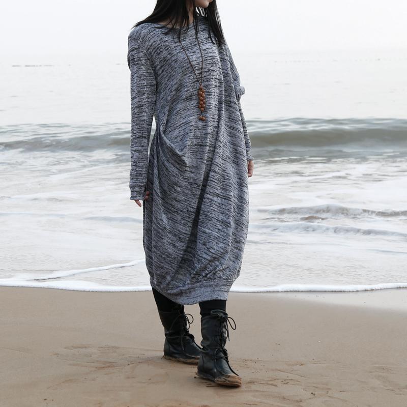 New Fall Gray Sweater Dresses Oversize Asymmetric Knitted Dress