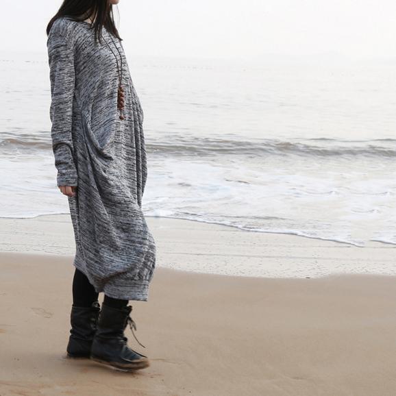 New Fall Gray Sweater Dresses Oversize Asymmetric Knitted Dress