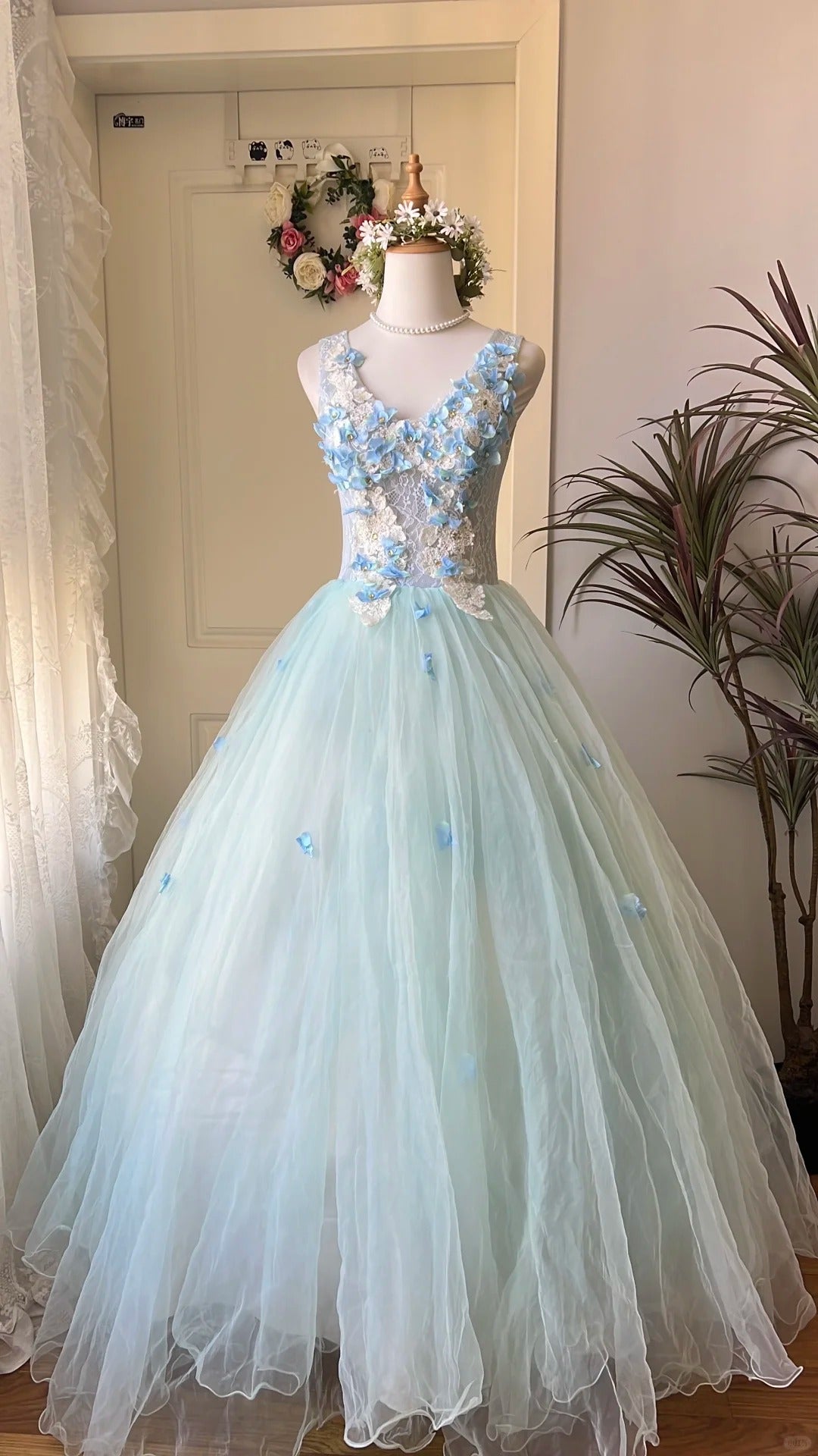 Dreamy Flower Fairy Light Blue 3D Floral V-Neck Tulle Ball Gown Evening Dress - FashionDia