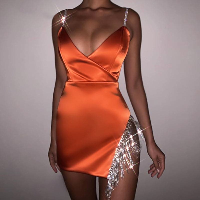 2022 Satin Dress Women Glitter Diamond Club Party Mini Dresses - View 9 | VelvetHem