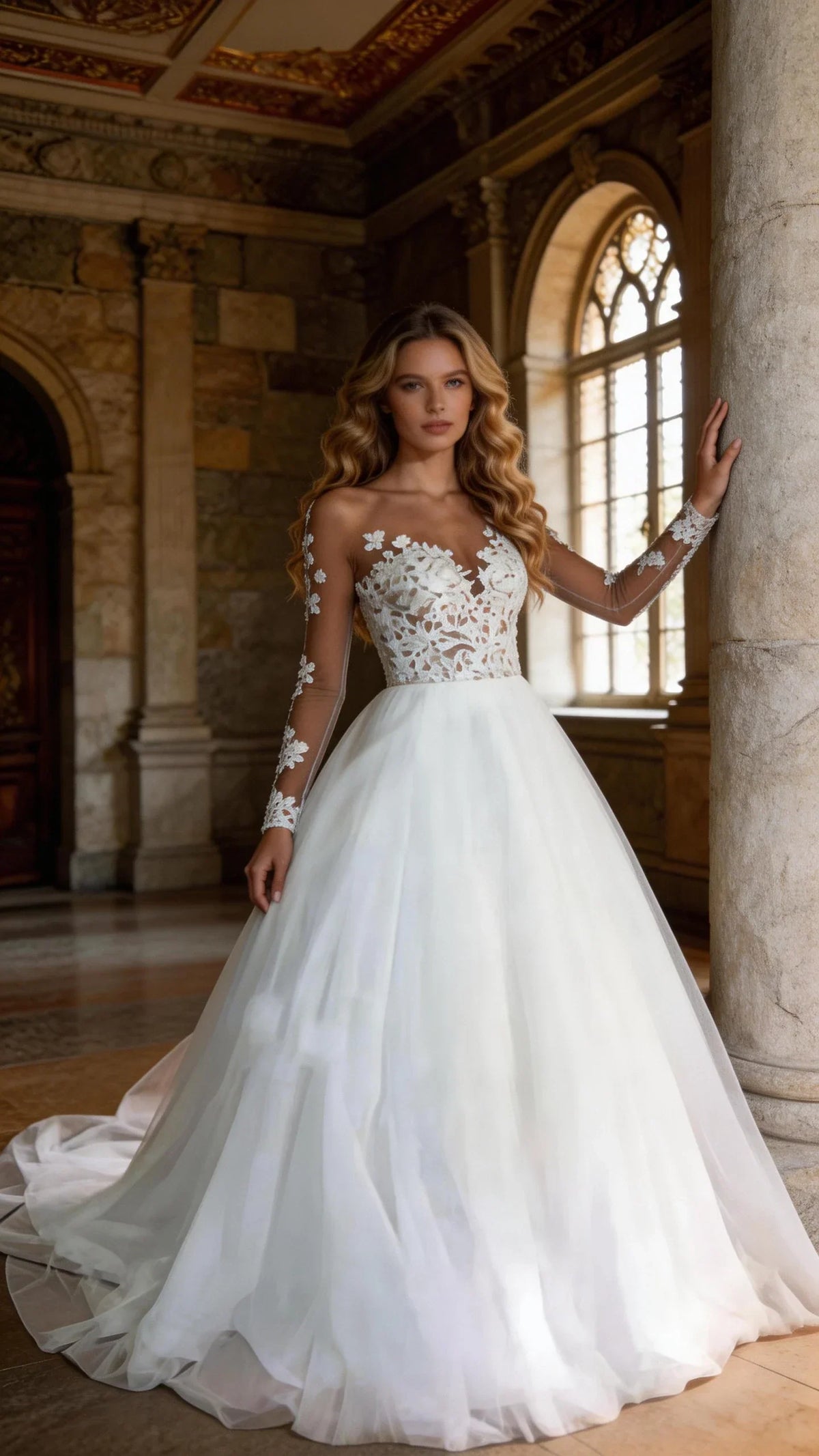 2025 Illusion Scoop Long Sleeve Wedding Dresses Lace Appliques Sheer Back White/ Ivory Tulle Wedding Dress Lace Wedding Gowns (ZD13288) - View 3 | VelvetHem