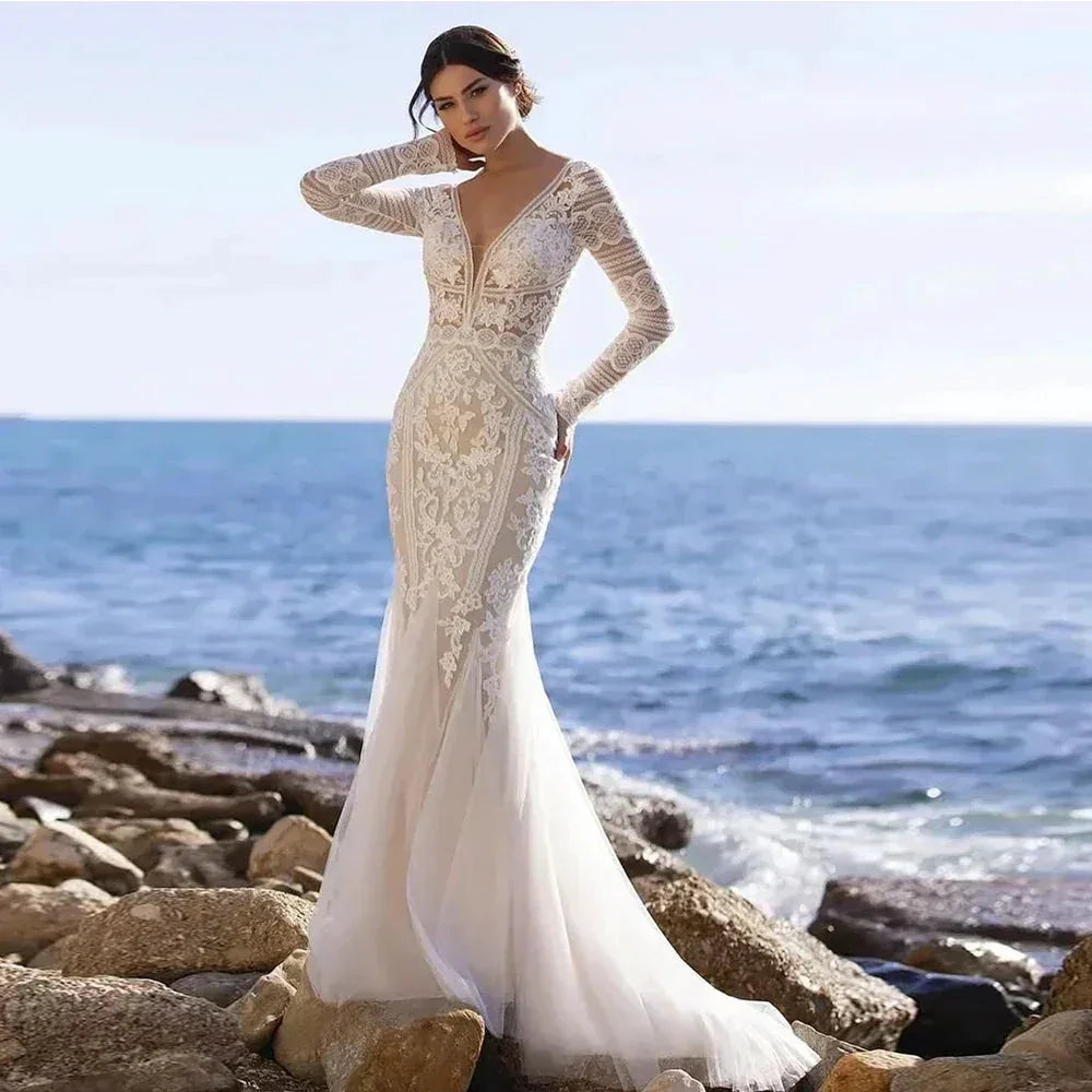 Mermaid Bride Gowns Long Sleeve V-Neck Lace Appliques Sexy Open Back Tulle Wedding Dresses Sweep Train Vestidos De Noive by payinti