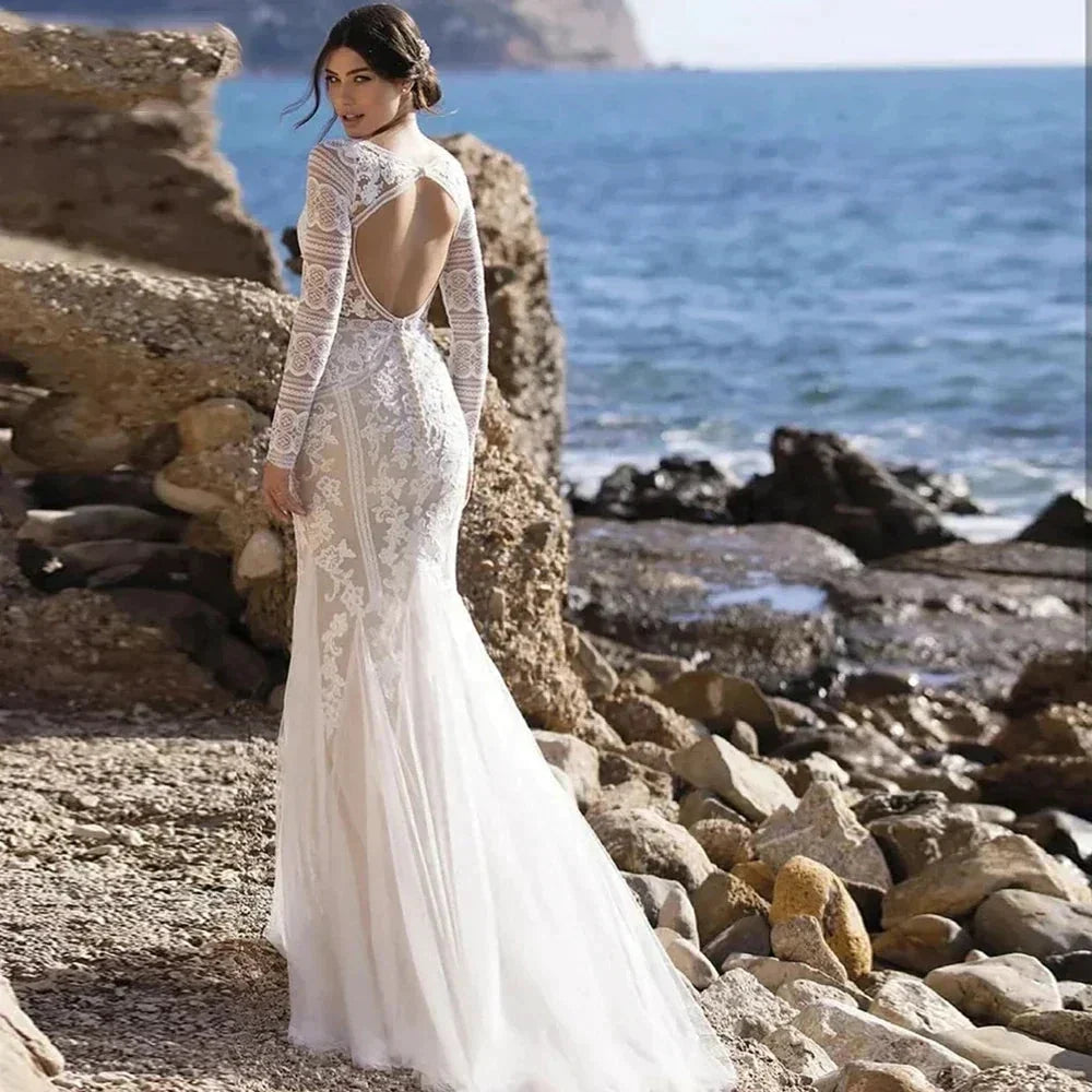 Mermaid Bride Gowns Long Sleeve V-Neck Lace Appliques Sexy Open Back Tulle Wedding Dresses Sweep Train Vestidos De Noive (ZD14136)
