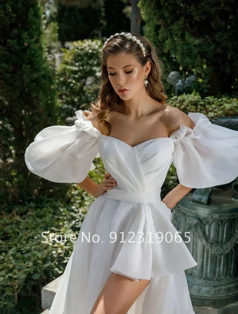 New Front Short Long Back Wedding Dresses Classic Short Sleeve Bride Dress With Train Wedding Gown Vestido De Noiva (ZD13521)