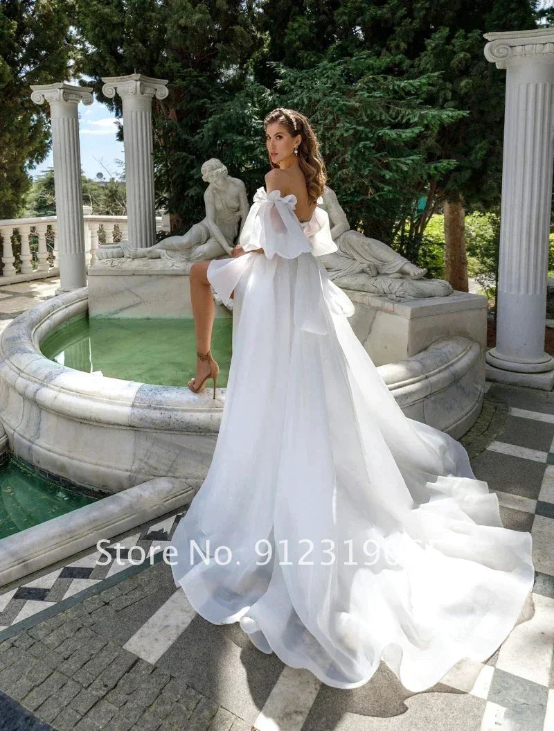New Front Short Long Back Wedding Dresses Classic Short Sleeve Bride Dress With Train Wedding Gown Vestido De Noiva (ZD13521)