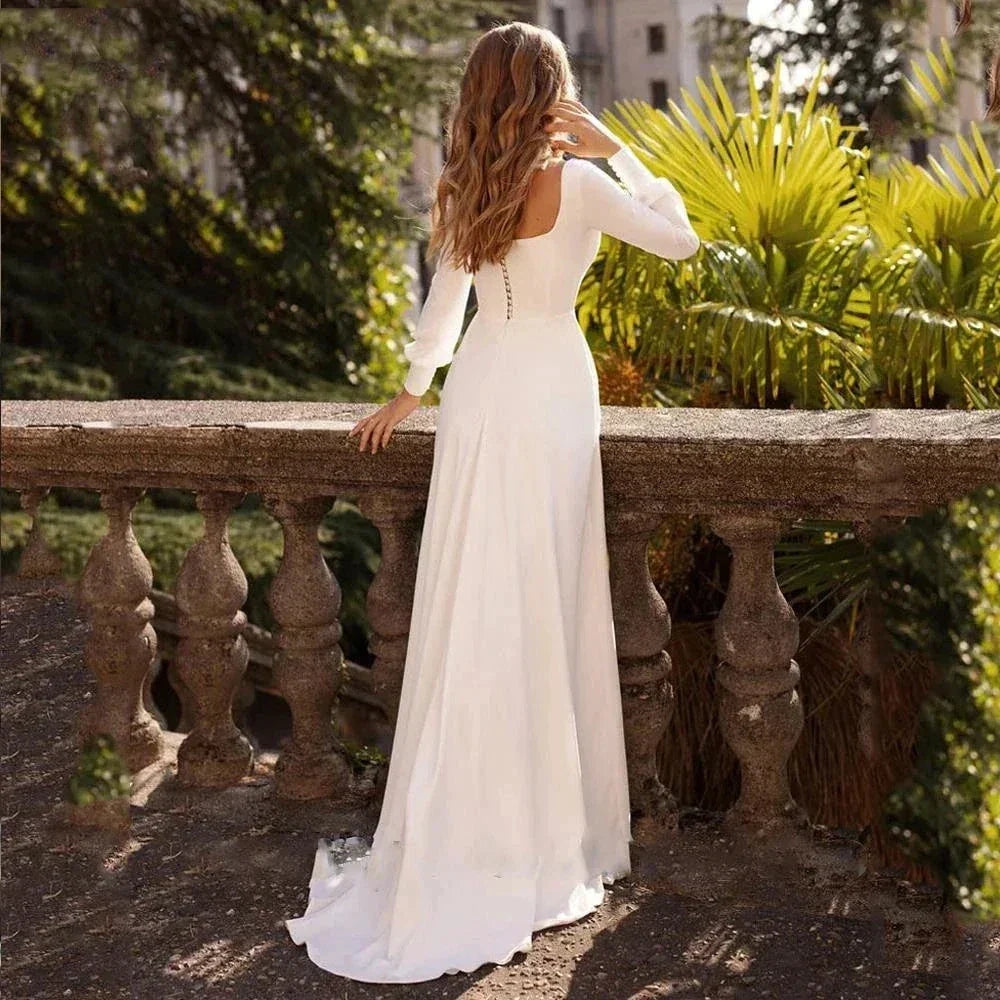 Simple Long Sleeves Wedding Dresses For Women 2022 Modest Square Neck Bride Gowns A Line Marriage Vestido De Noiva Robe فست (ZD14195)