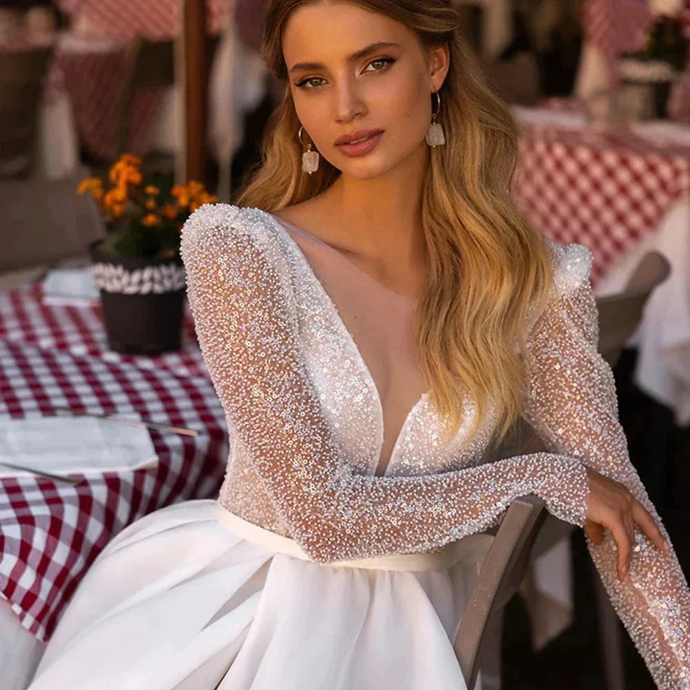 Sparkle Luxury Beach Wedding Dresses For Women Long Sleeves O-Neck Tulle Bridal Gowns A-Line Sweep Train Vestido De Novia (ZD14152)