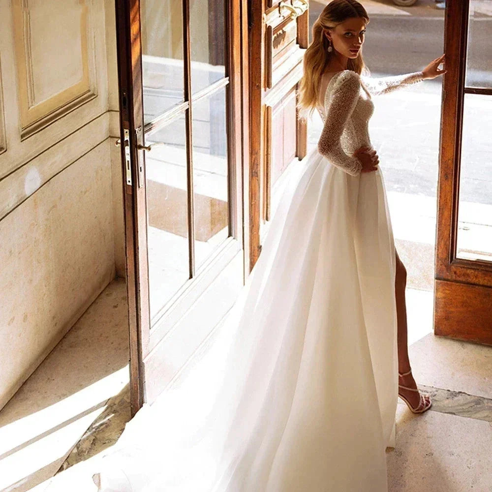 Sparkle Luxury Beach Wedding Dresses For Women Long Sleeves O-Neck Tulle Bridal Gowns A-Line Sweep Train Vestido De Novia (ZD14152)