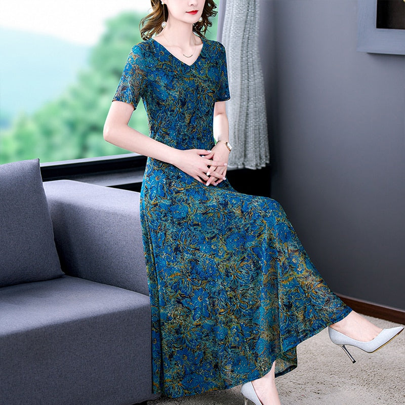 Floral Jacquard Silk High Elastic Mesh Long Dress - Omychic