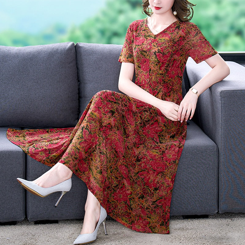 Floral Jacquard Silk High Elastic Mesh Long Dress - Omychic