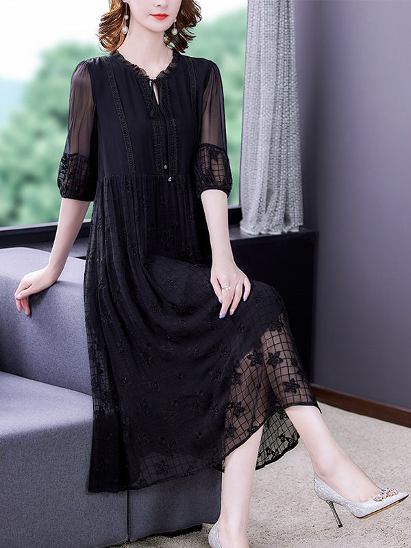 Vintage Silk Embroidery Loose Midi Long Dress